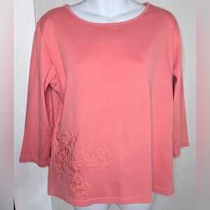 Talbots Coral 3/4 Sleeve Embroidered Floral Blouse Women Large